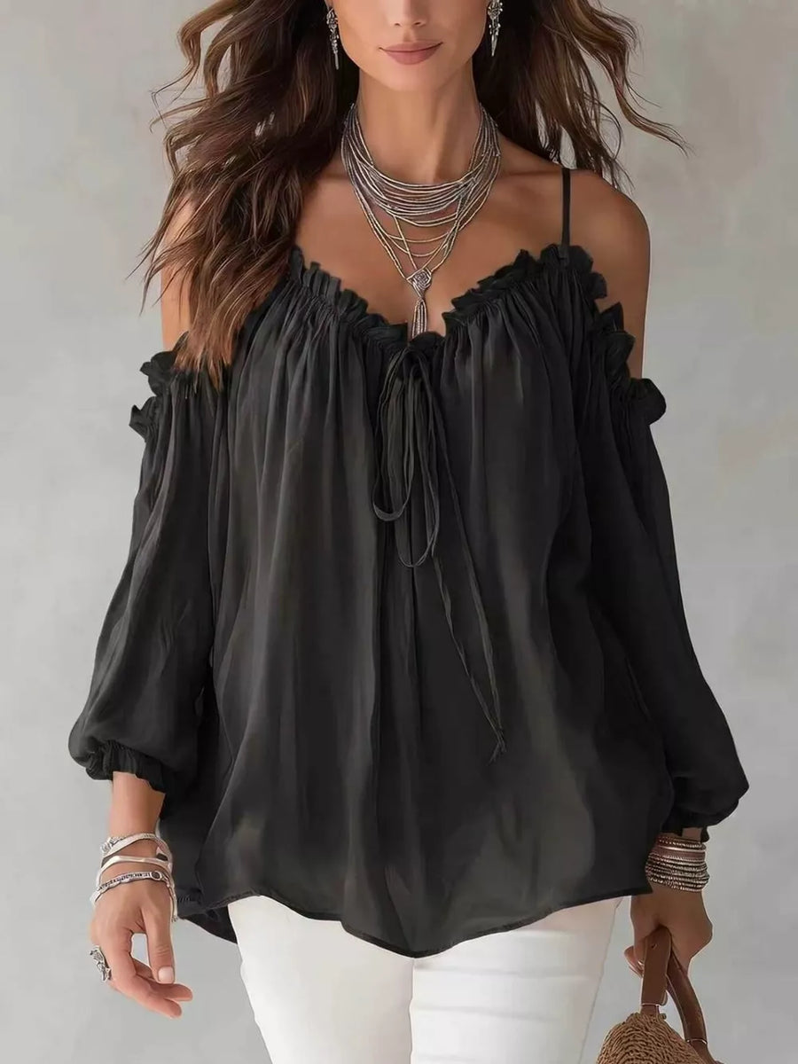 Skin Color Frill Spaghetti Strap Tie Front Blouse