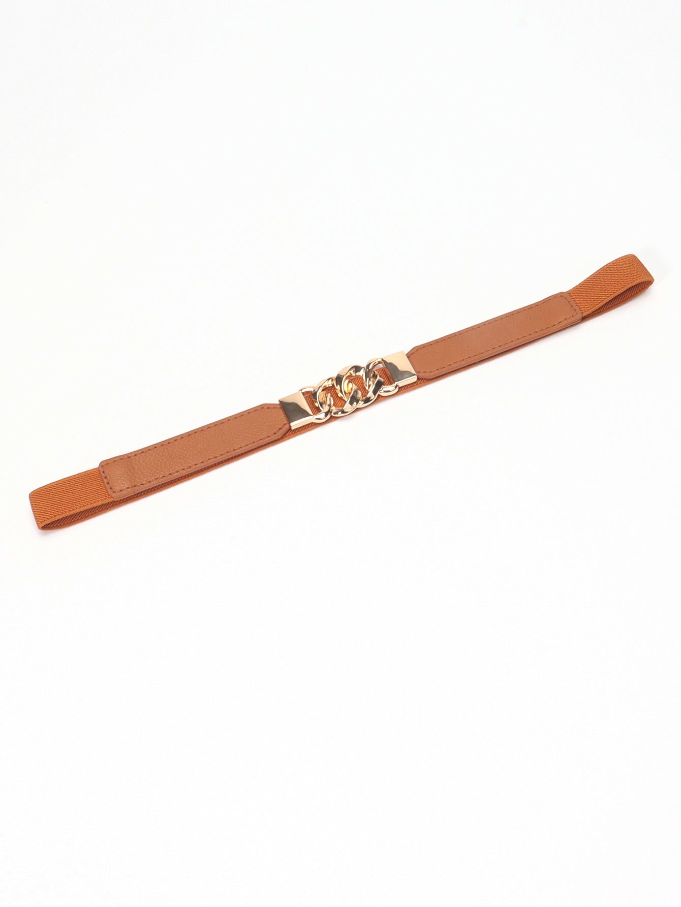 Ochre faux leather belt with gold chain detail and elastic back