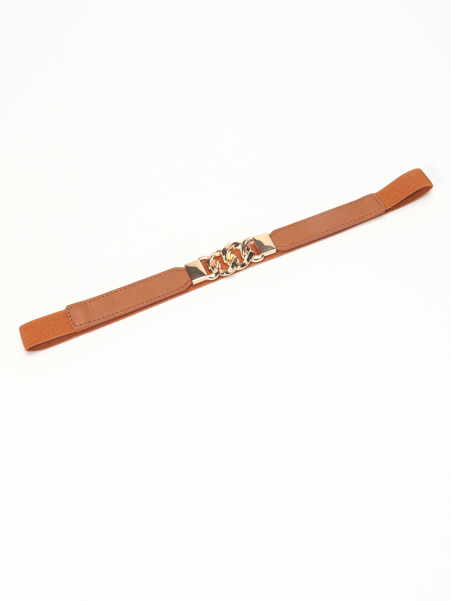 Ochre faux leather belt with gold chain detail and elastic back