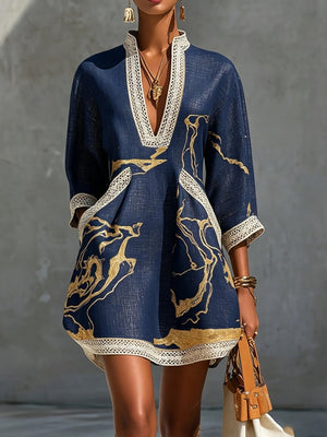 Navy mini dress with back-zip and abstract-print