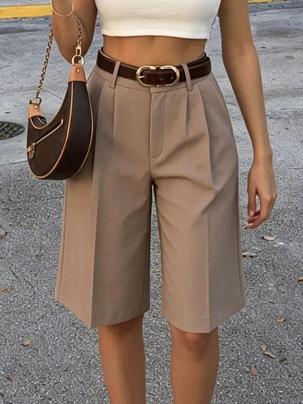 Khaki High-waisted Pleated Shorts