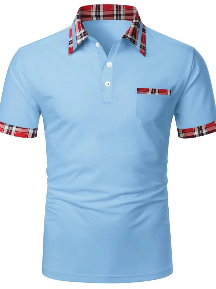 Light blue polo shirt with plaid trim on collar, pocket and sleeves.