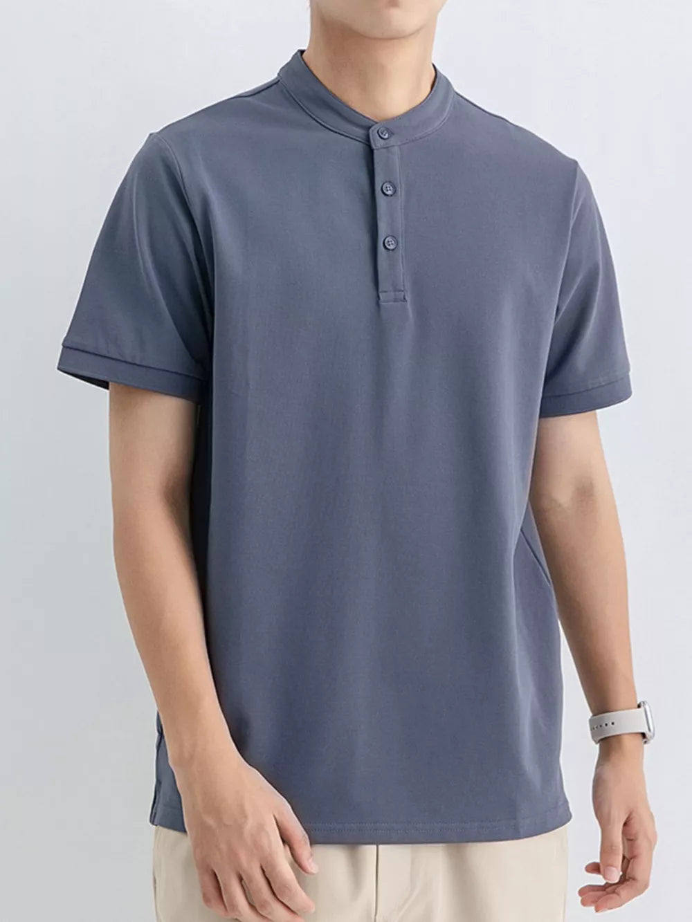 Men's blue gray short sleeve t-shirt with mandarin collar and button placket