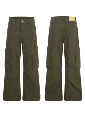 Army Green cargo pants with full-length and button-front, zip-front