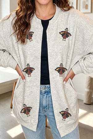 Light Gray cardigan featuring pocketed and graphic print