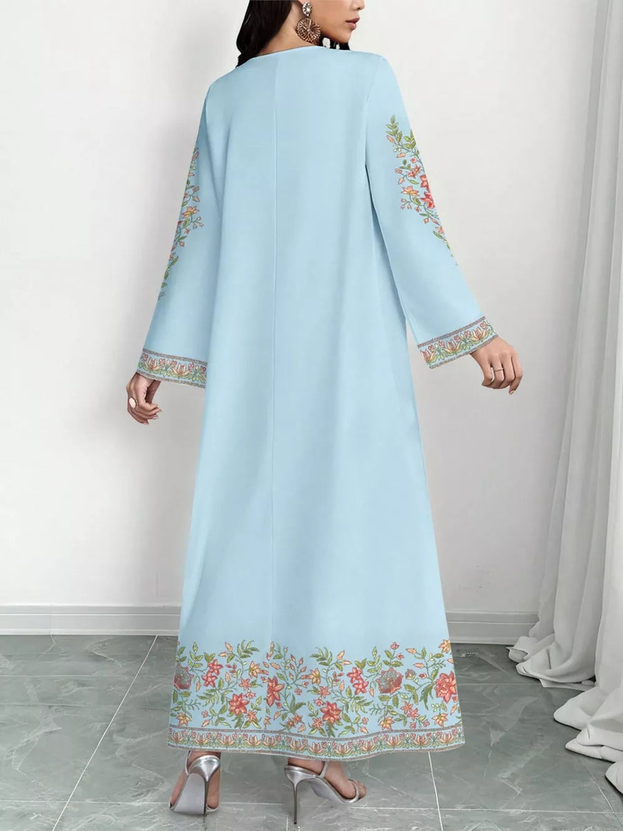 Sky blue floral maxi dress with embroidered sleeves and hem