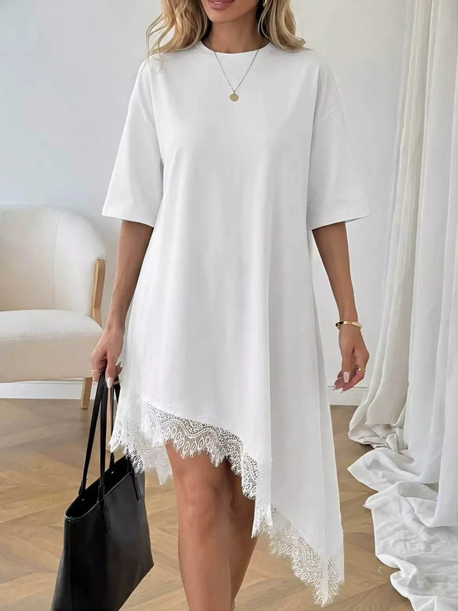 White asymmetrical t-shirt dress with lace trim and short sleeves