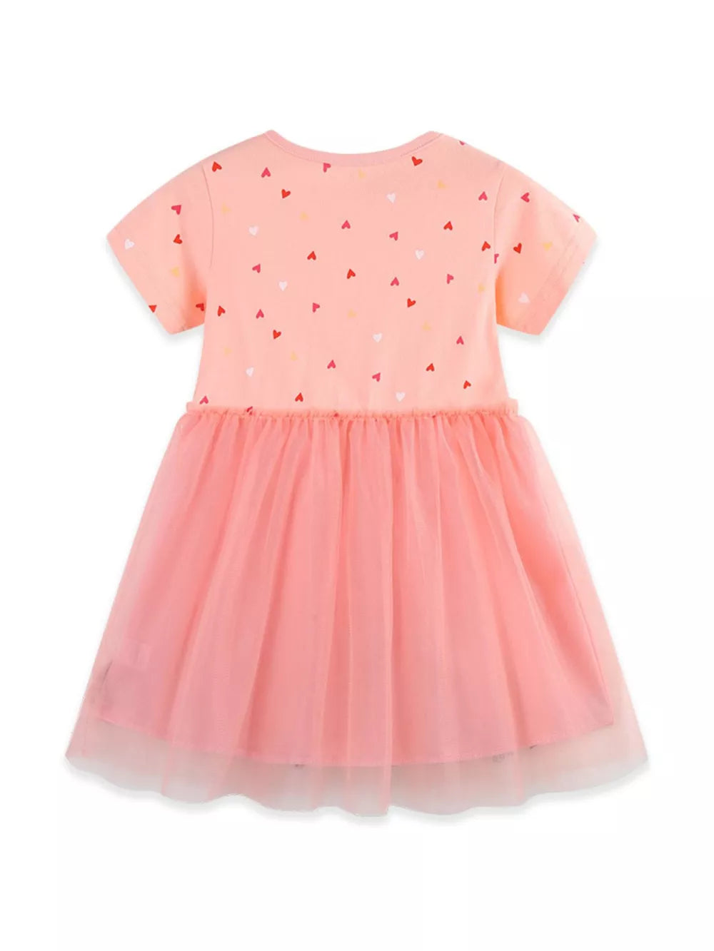 Peach cotton dress with scattered heart print and pink tulle skirt.