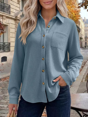 Army Green button-down shirt with hip-length and button-front