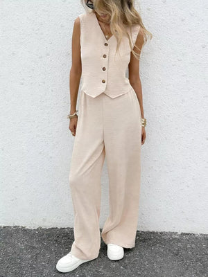Chic beige button-down vest and flowing wide-leg pants set for women.