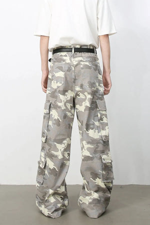 Urban Warrior cargo jeans in gray camouflage print with multiple pockets and a relaxed fit.