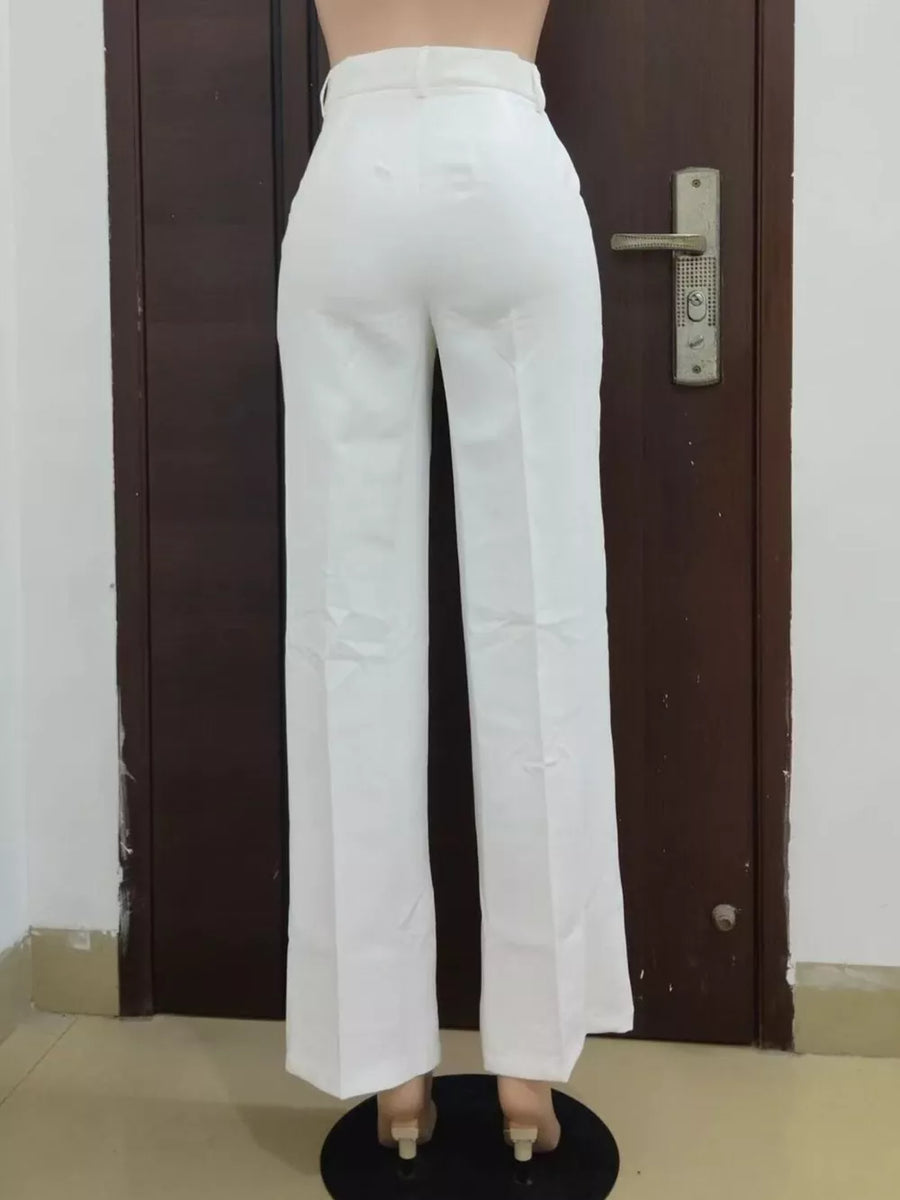 Ivory white high-waisted wide-leg trousers with a clean, pressed look.