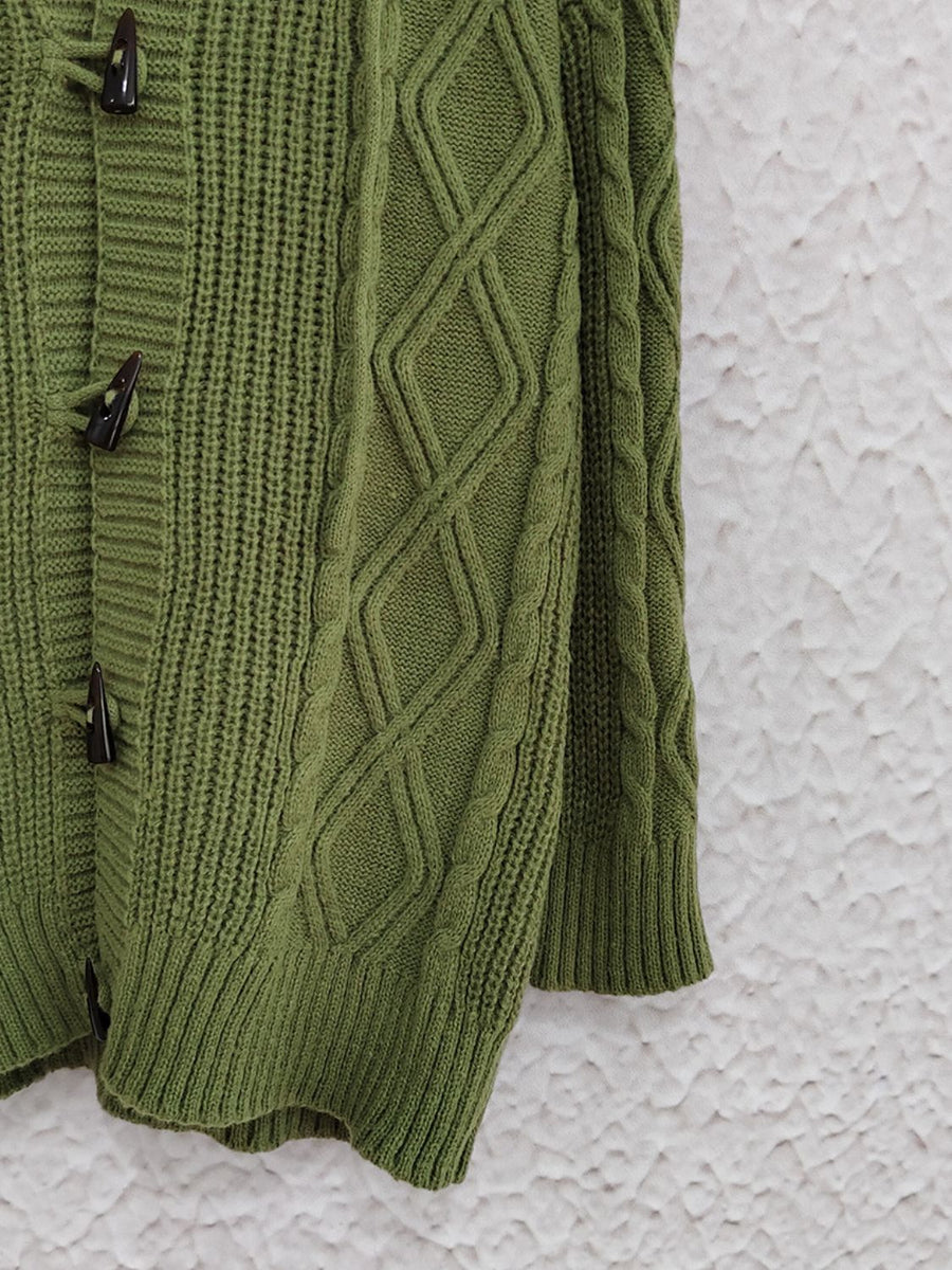 Moss green cable knit hoodie with toggle buttons and diamond pattern details.
