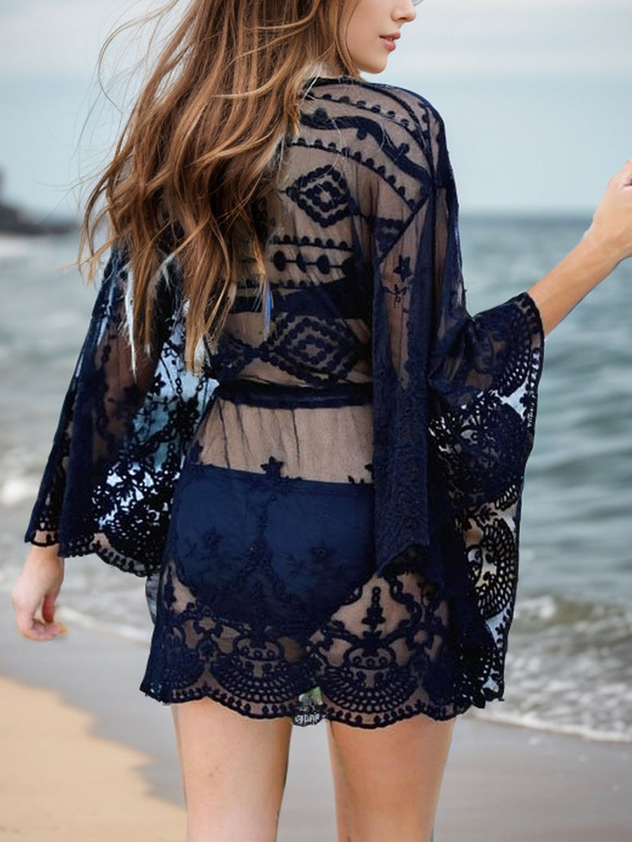 Navy lace kimono beach cover-up with bell sleeves and intricate embroidery.