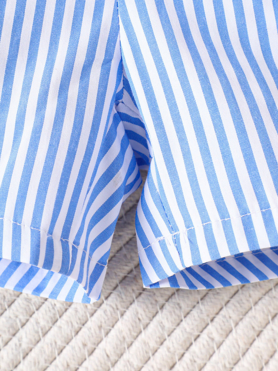 Baby shorts set in pastel blue and white stripes, cotton fabric, casual style.
