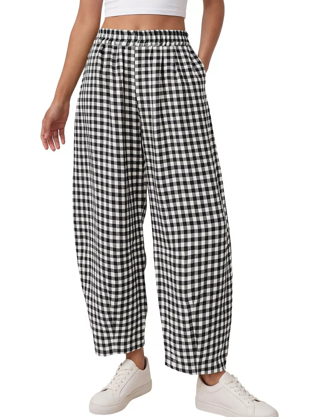 black wide-leg pants with gingham and N/A