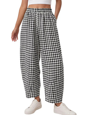 black wide-leg pants with gingham and N/A