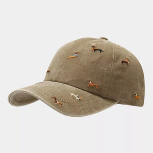 Dog Embroidered Washed Cotton Baseball Cap in Khaki Color with embroidered