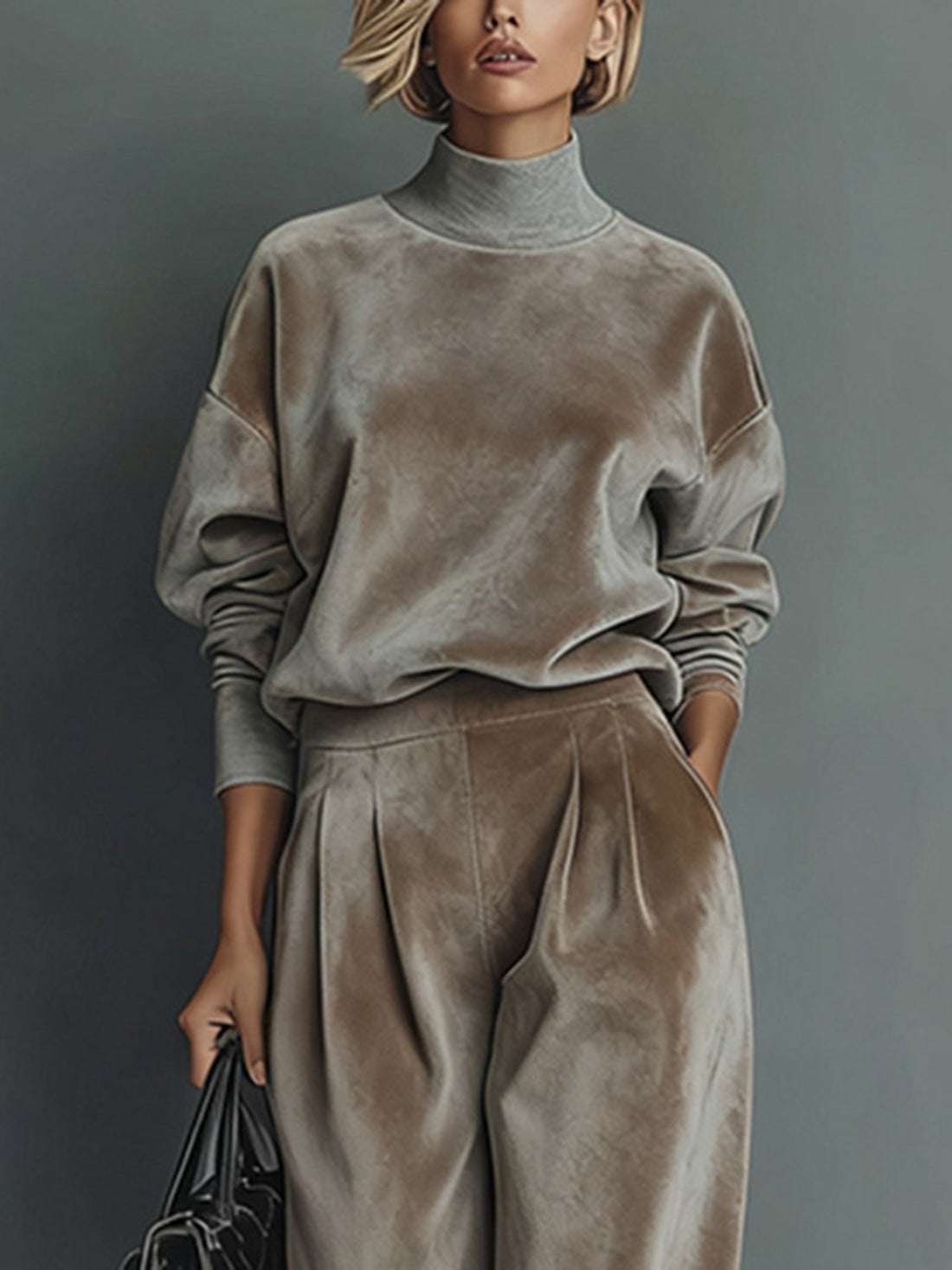 matching set in Khaki with mock neck and full-length