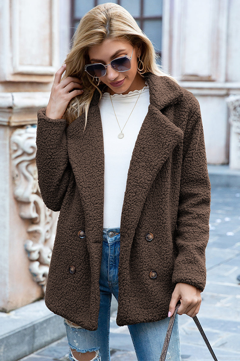 Teddy pea coat in mocha with double-breasted closure and notched lapels.