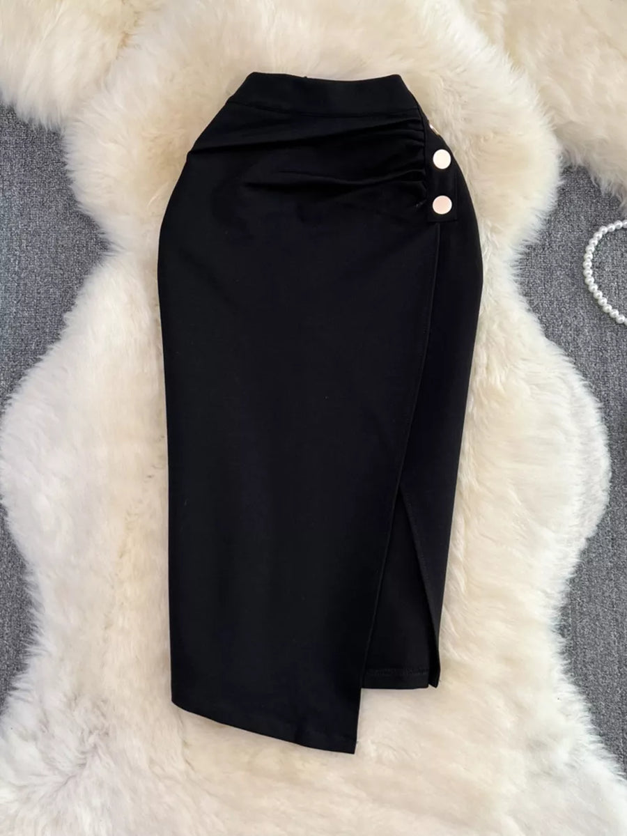 Ruched Slit Skirt in Black