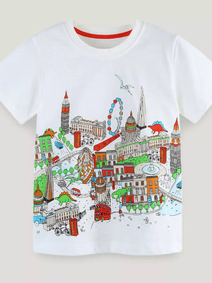 White t-shirt with a colorful London cityscape and dinosaur print.