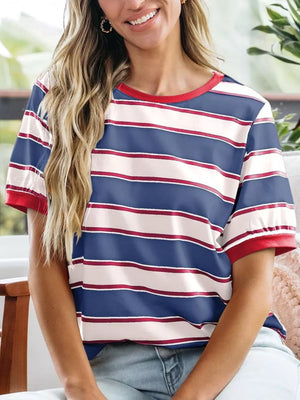 Classic striped crew neck tee in navy blue, white, and red.