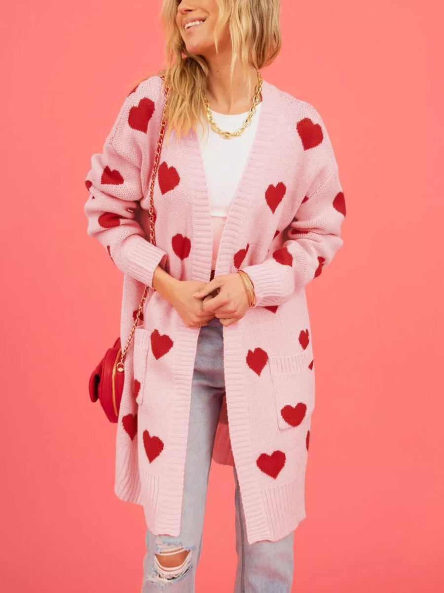 cherry red cardigan featuring ribbed and heart-print