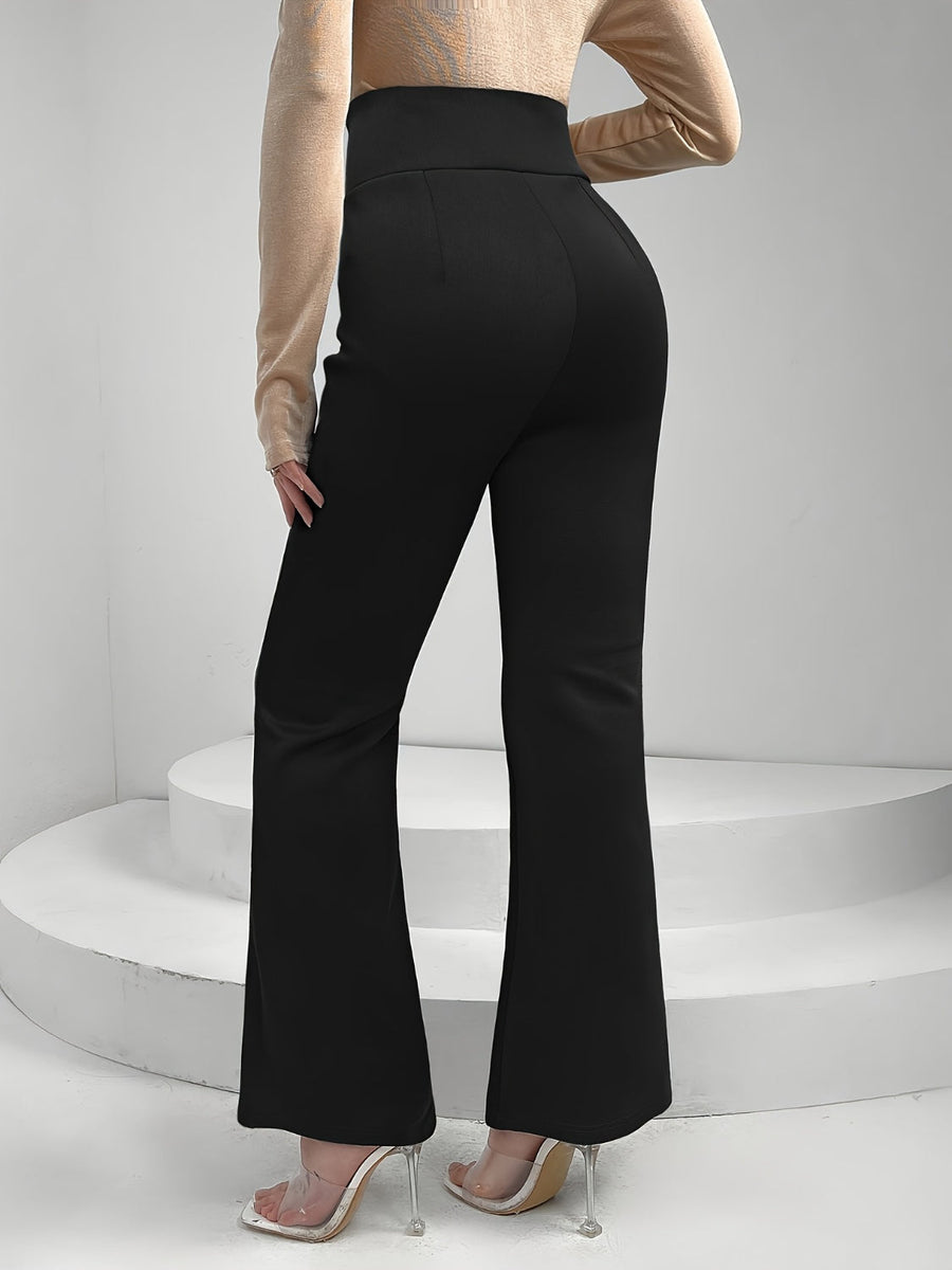 Black flare trousers with lace-up waist detail and high rise.