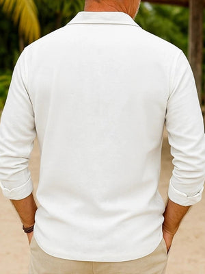 Men's white long sleeve button-up shirt, cotton blend, casual fit.