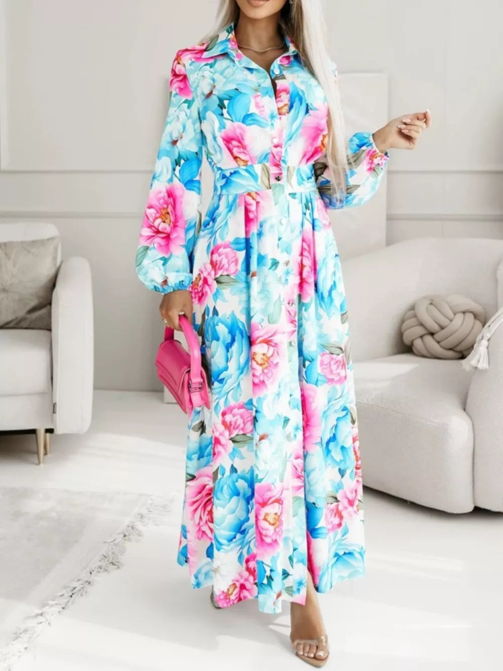 Fuchsia Pink Long Sleeve Maxi Shirt Dress