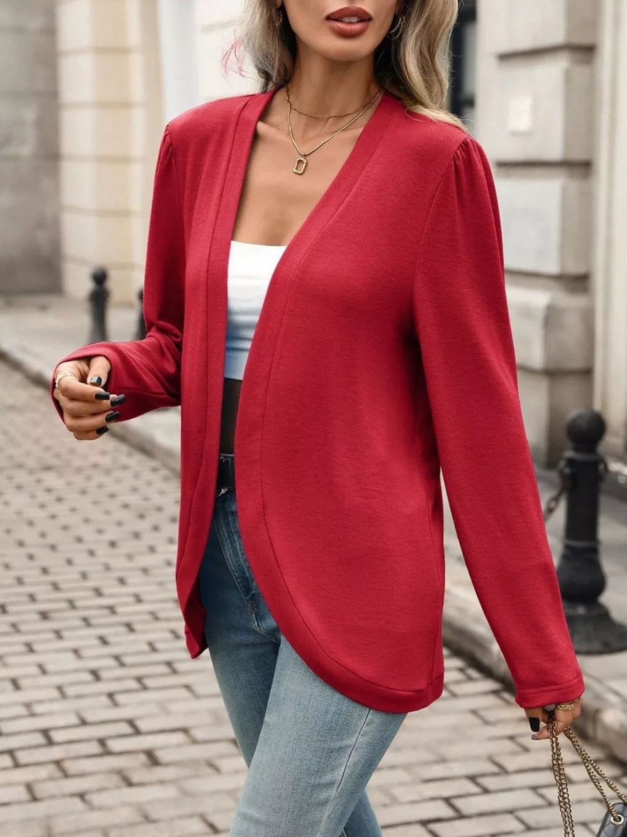 navy blue cardigan with hip-length and open-front