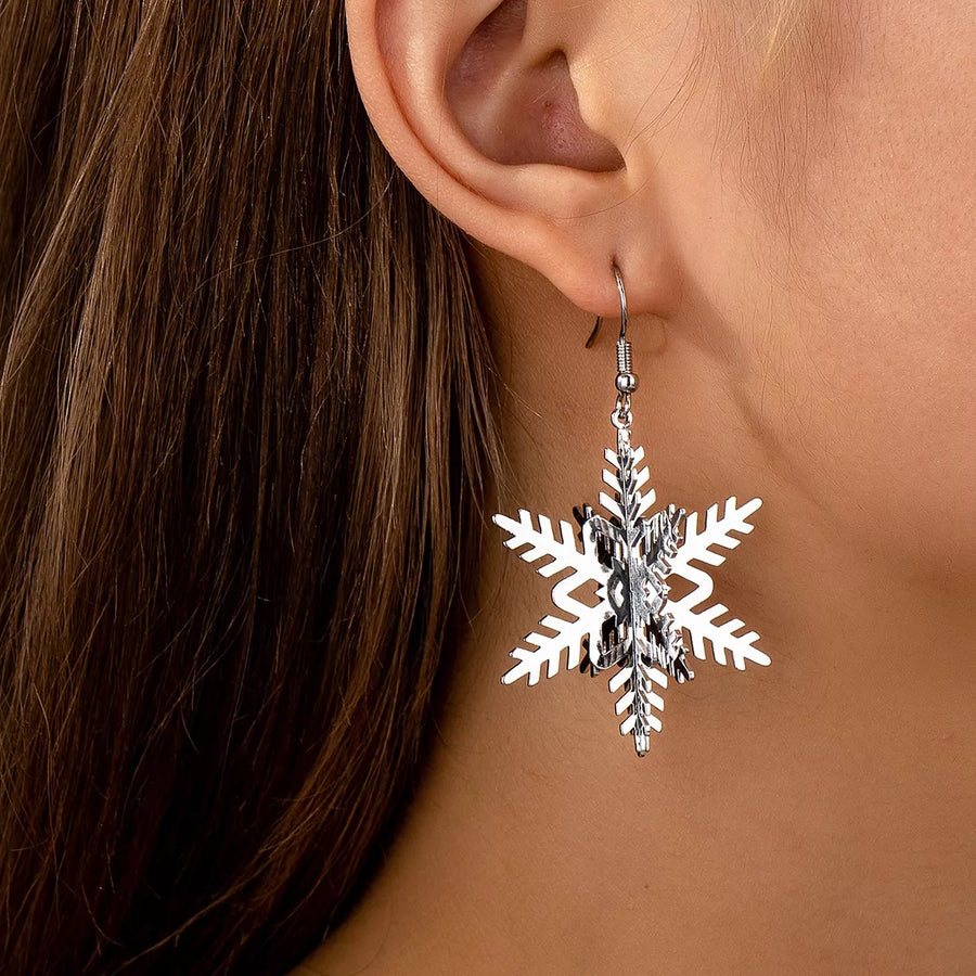 Festive Christmas Tree Earrings, silver snowflake dangle earrings, 18K gold-plated, women's holiday jewelry