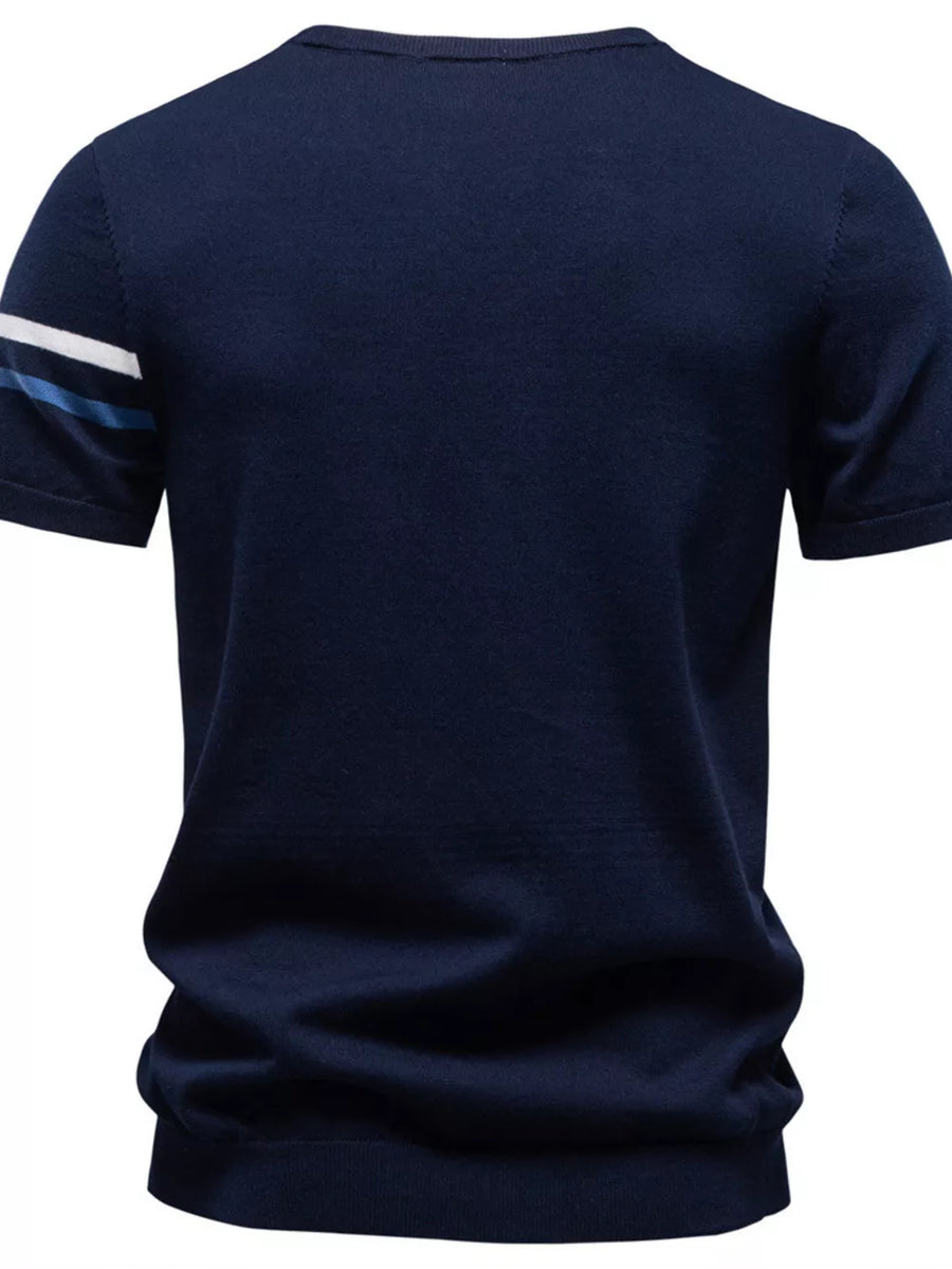 Navy cotton t-shirt with white and blue striped sleeves.