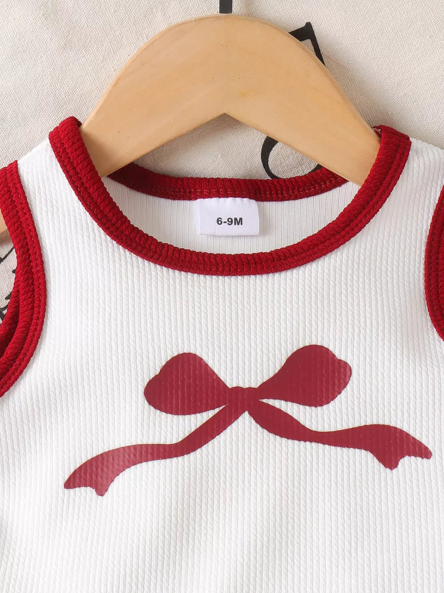 Children's Ribbed Bow Tank Top And Pants Set in Red