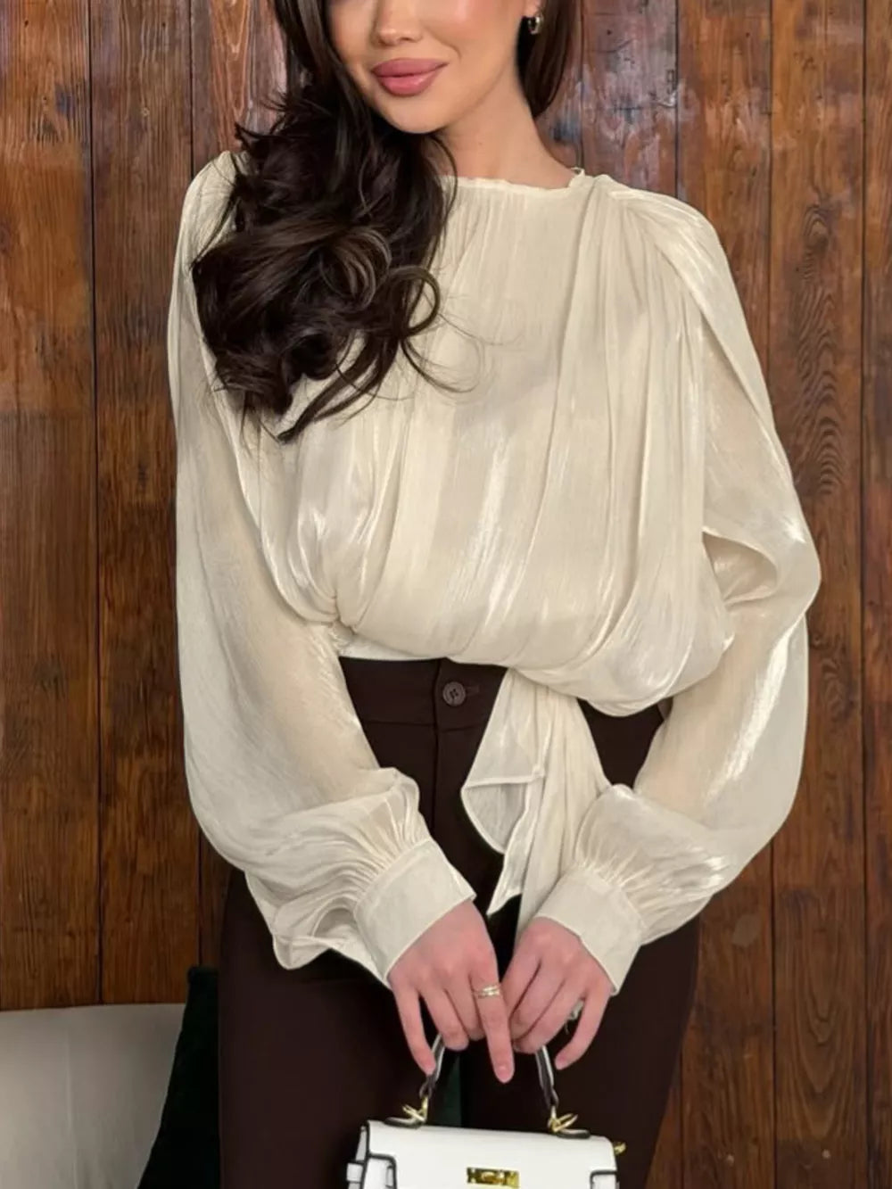 Beige Metallic Sheen Blouse With Tie Detail