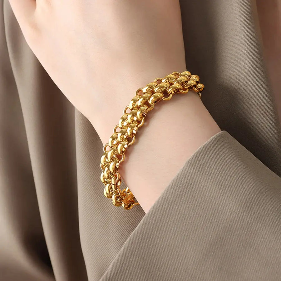 Gold triple-strand chain bracelet with interlocking links, 18K gold-plated