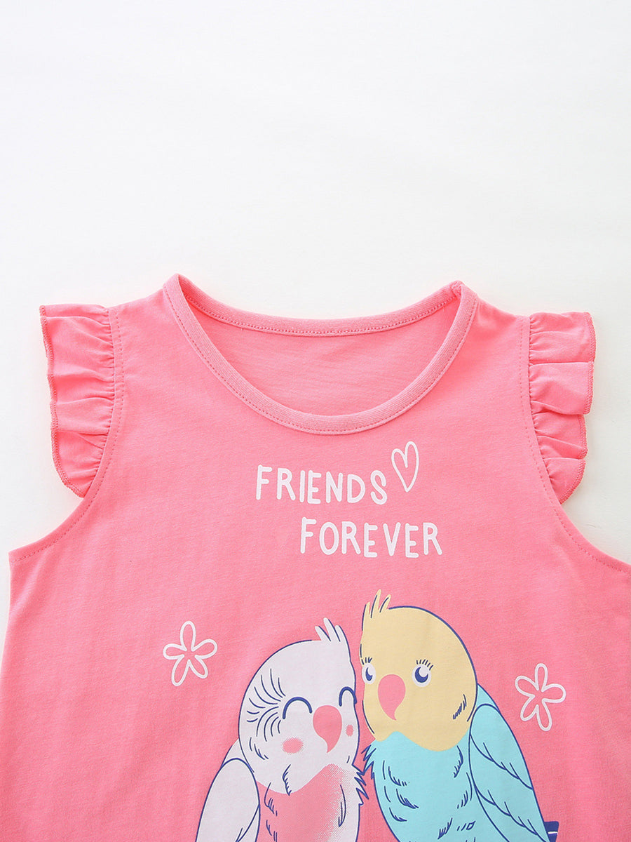 Pink cotton t-shirt with ruffled sleeves and a graphic of two birds with "FRIENDS FOREVER" text.