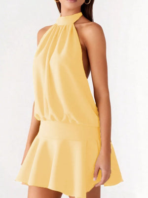 Yellow halter neck mini dress with gathered bodice and flared skirt