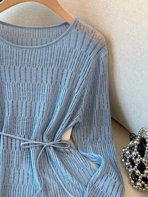Pink Purple with Long Sleeve Knit Top With Tie Detail in Pink Purple