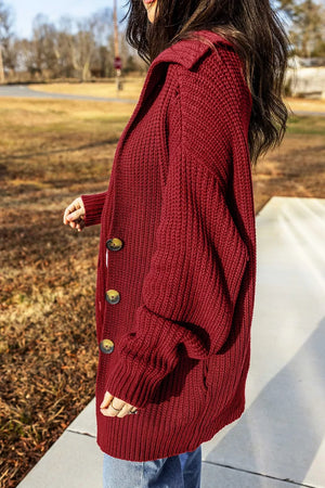 burgundy cardigan with tunic-length and button-front