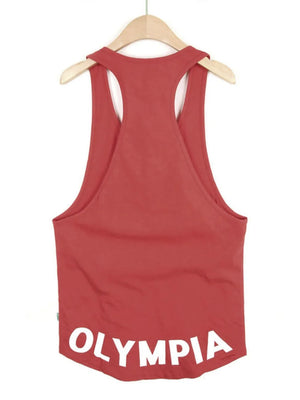 Olympia racerback tank top in rust with white logo detail on hem