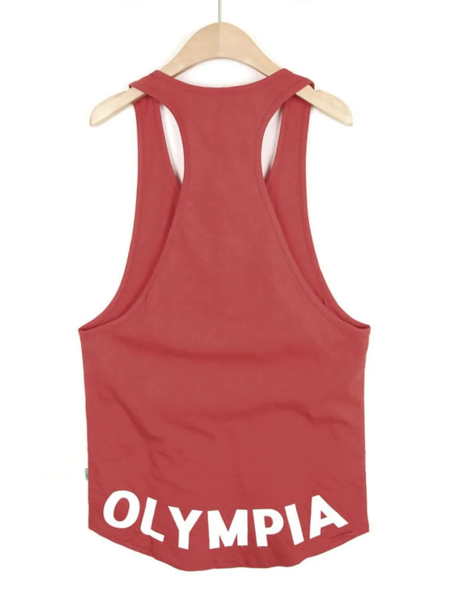 Olympia racerback tank top in rust with white logo detail on hem