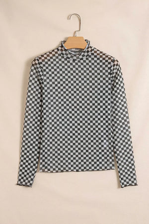 Plaid Stand Neck Long Sleeve Mesh Top option 6