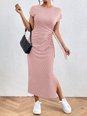 Pink striped midi dress with tie-side detail and leg slit