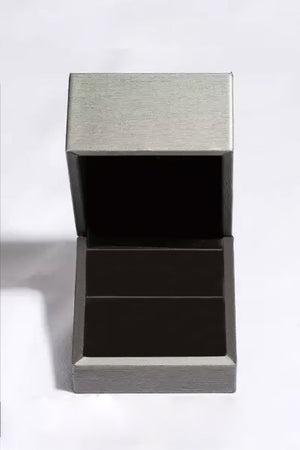 Silver jewelry box with open lid and black interior