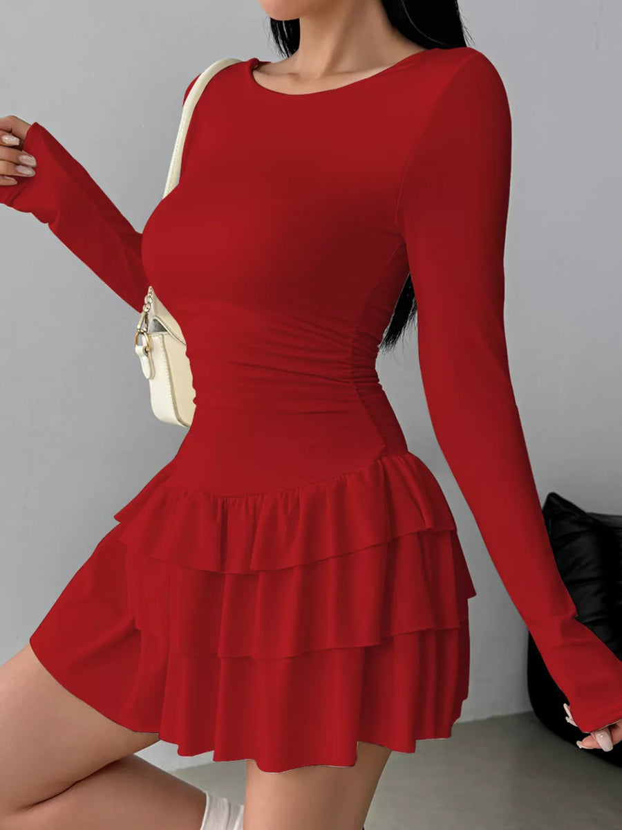 Ruched Long Sleeve Layered Ruffle Mini Dress in Red, view 15