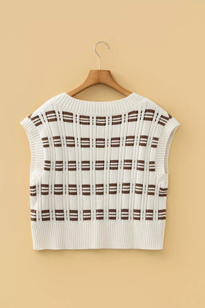 Contrast Geometric Textured Knit V Neck Cropped Sweater Vest option 4