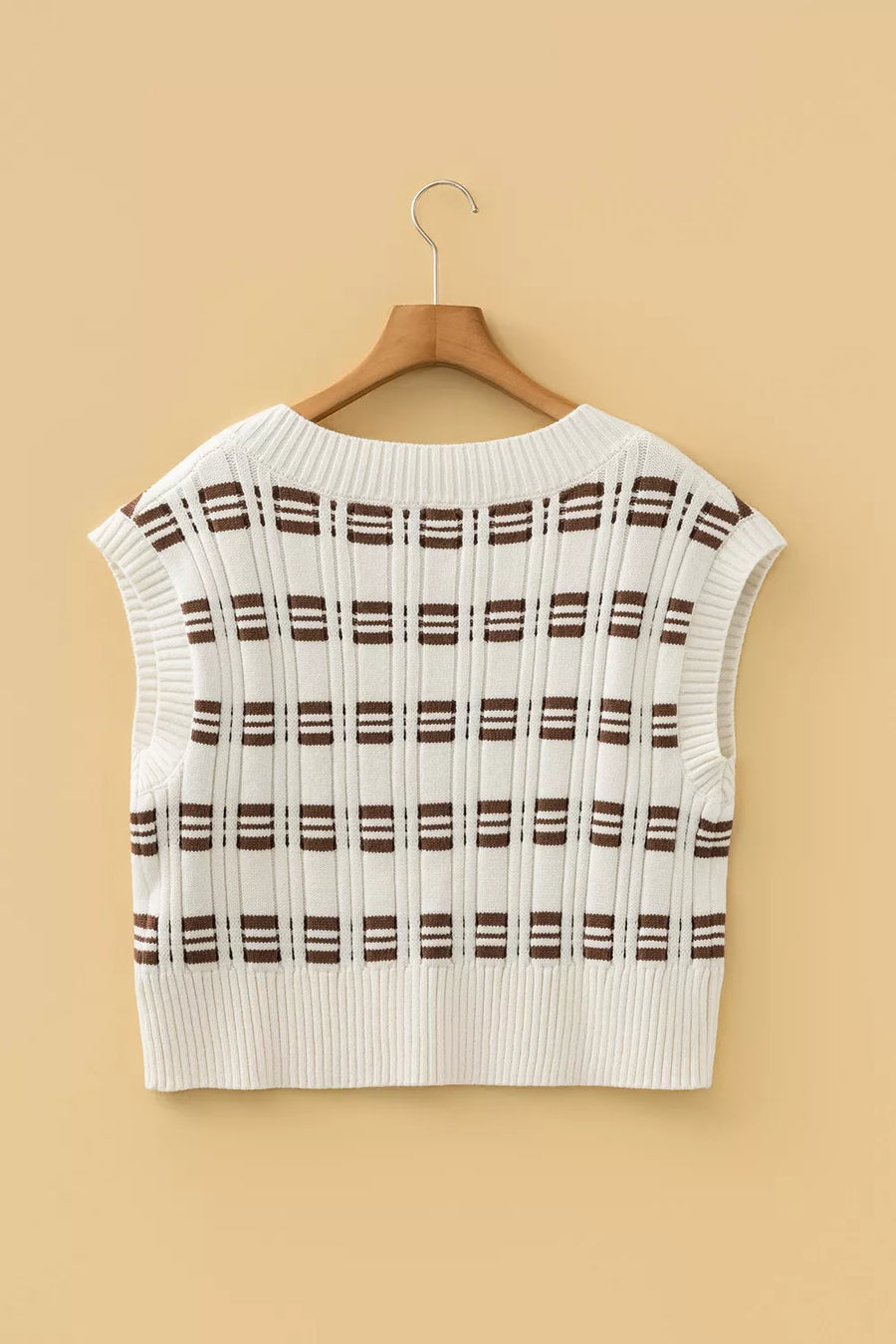 Contrast Geometric Textured Knit V Neck Cropped Sweater Vest option 4