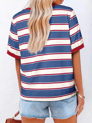 Classic striped crew neck tee in blue, white, and red.